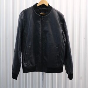 DKNY‎ Mens Faux Leather Bomber Jacket Navy Blue Full Zip Ribbed Collar Size M